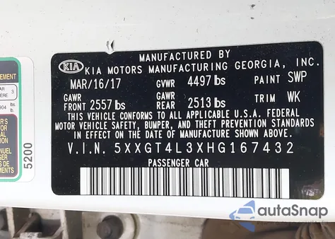 2017 Kia Optima Lx z USA, uszkodzony, nr VIN 5XXGT4L3XHG167432